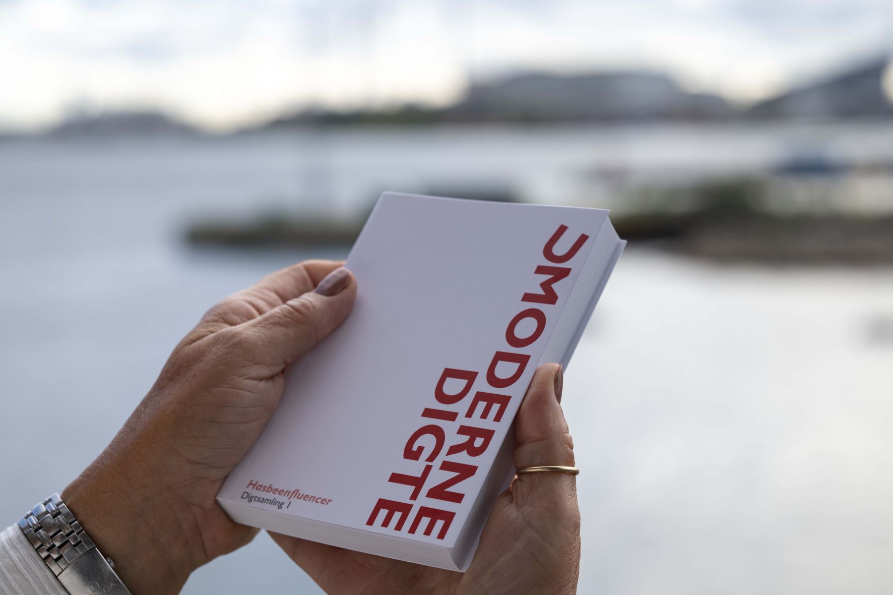 En hånd holder digtsamlingen Umoderne digte med havnen i baggrunden